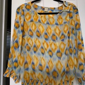 Lucky Brand Gold and Blue Graphic Long Sleeve Blouse